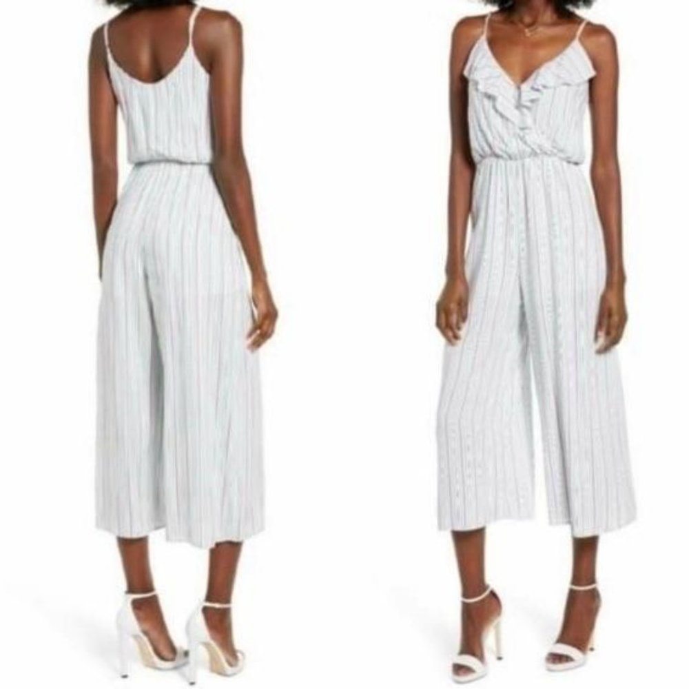 All in Favor Mint Striped Wide Leg Crop Jumpsuit Size Small